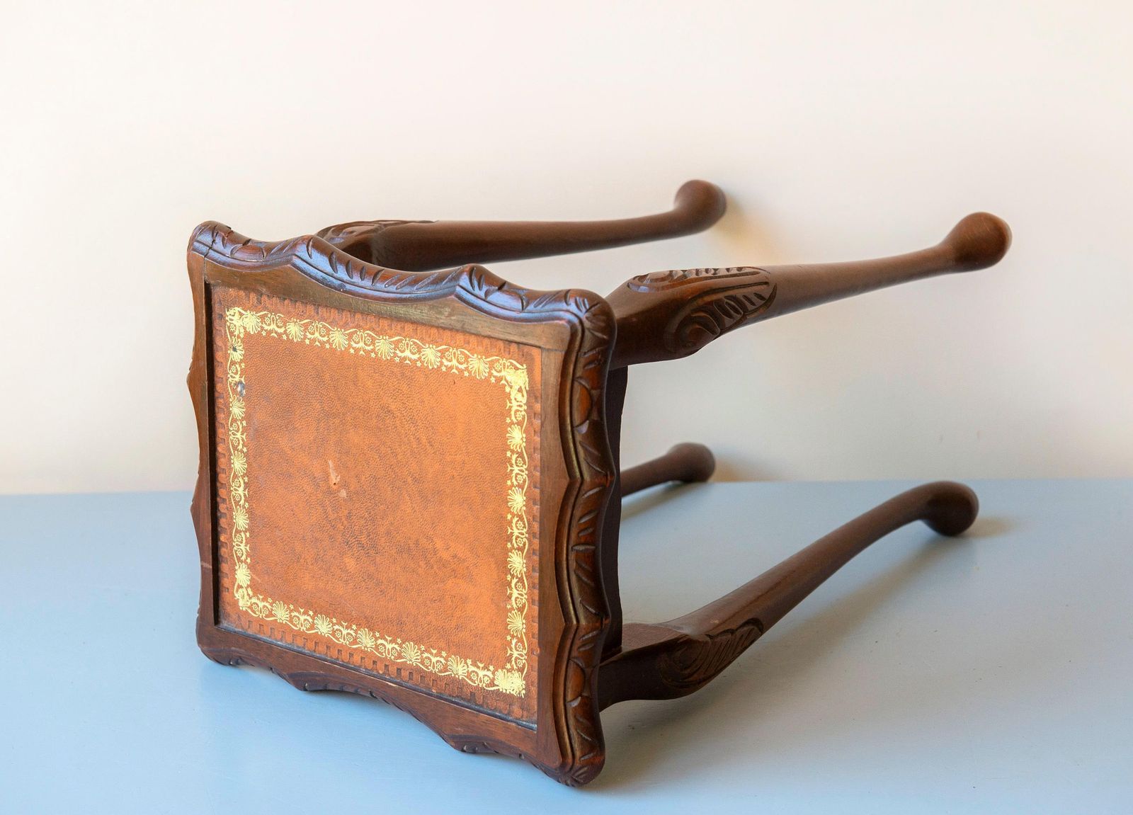 Furniture Antique Oak Side Table   Leather Top   Edwardian Lamp Stand   Carved Oak Accent Furniture photo