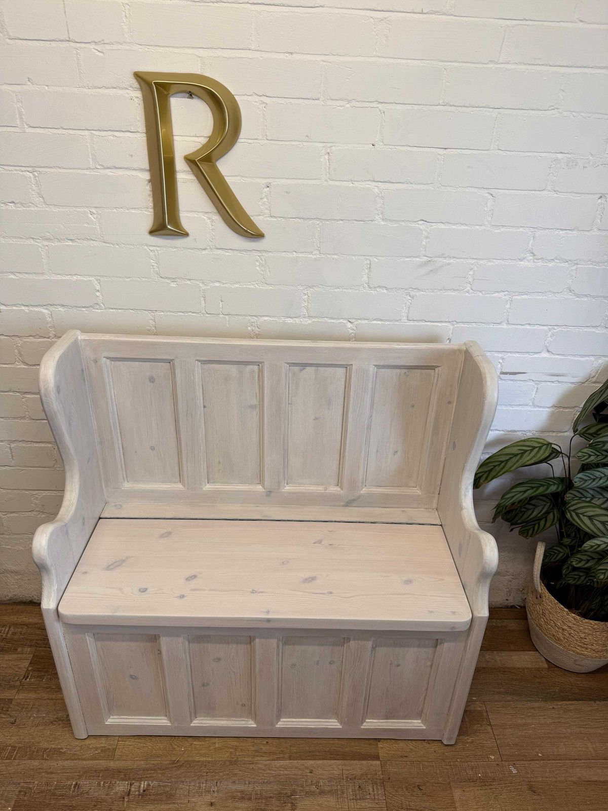 Vintage Whitewashed Pine Monks Bench | Hall Bench | Storage | Blanket Box photo buy