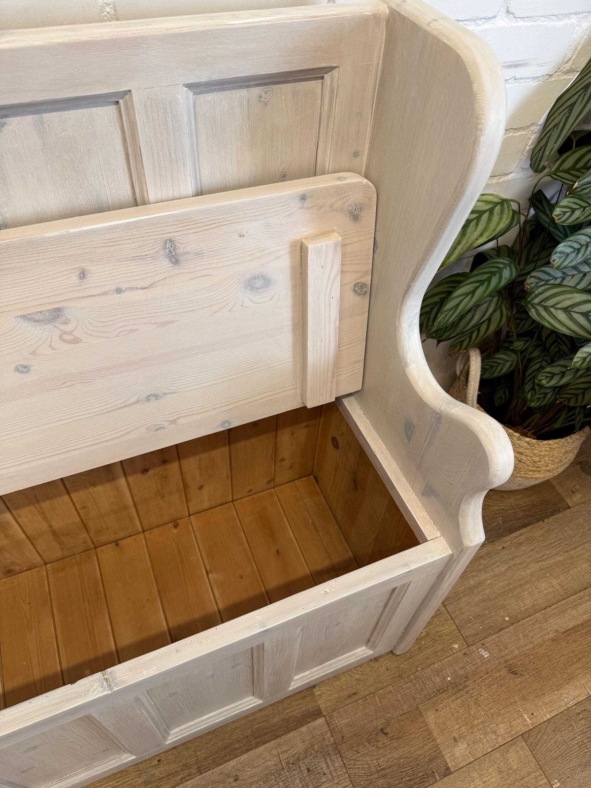 photo for sale Vintage Whitewashed Pine Monks Bench | Hall Bench | Storage | Blanket Box