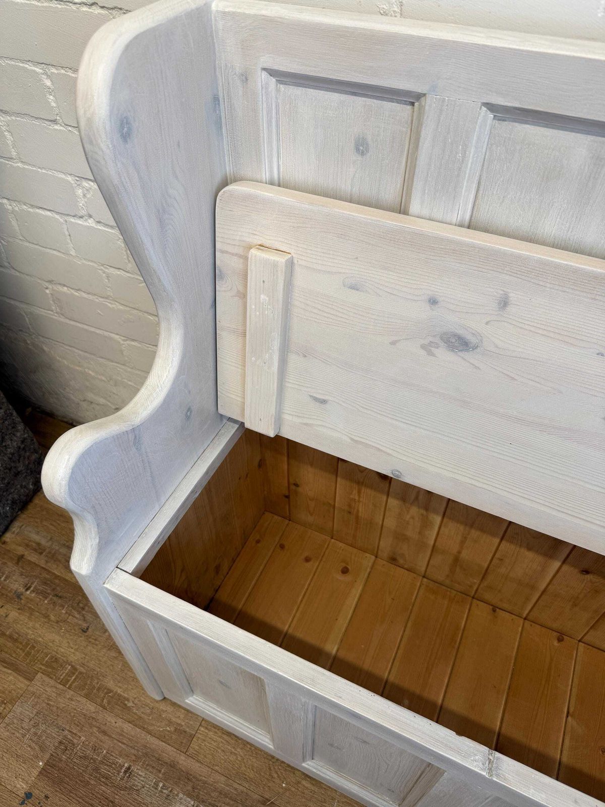 495.0 Vintage Whitewashed Pine Monks Bench | Hall Bench | Storage | Blanket Box photo