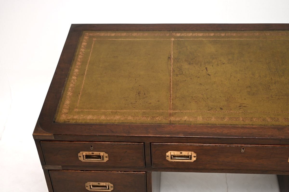 Antique Mahogany Leather Top Military Campaign Pedestal Desk photo for sale