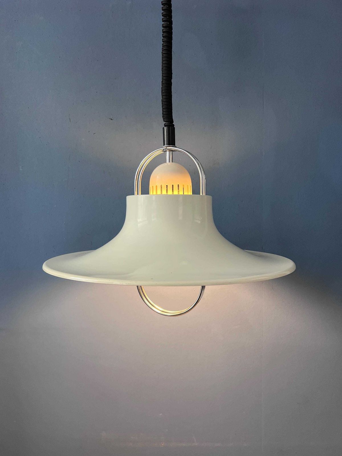 Vintage Dijkstra Pendant Lamp White & Chrome   Mid Century Modern Light Fixture photo for sale