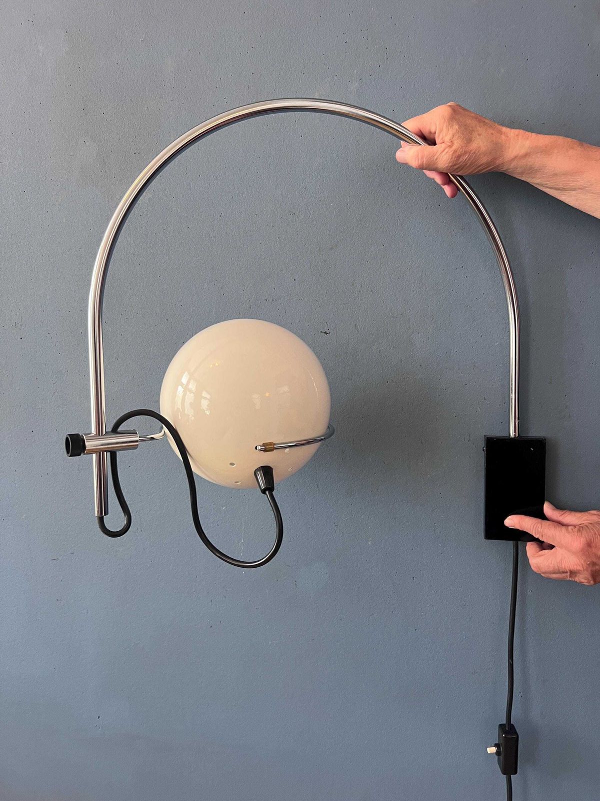 photo for sale Vintage Gepo Arc Wall Lamp In White Metal, Mid Century Modern Space Age Lighting
