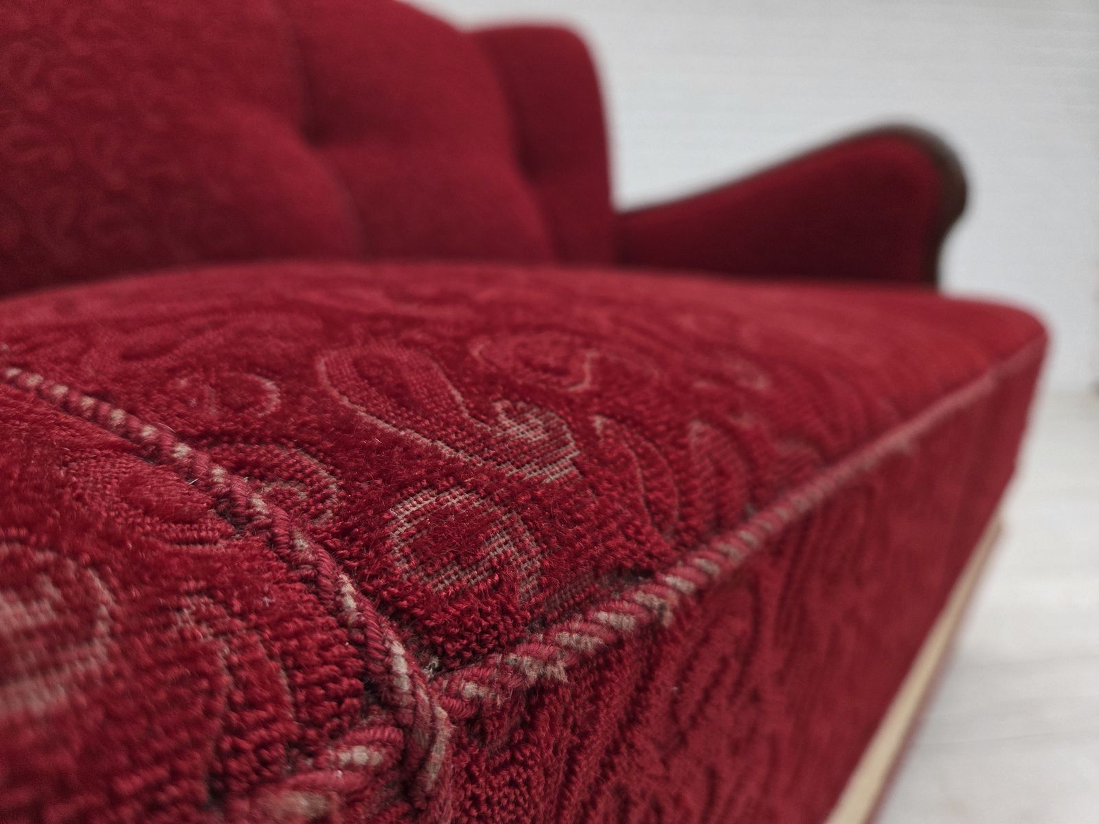 1950s, Danish 3 Seater Sofa, Original Red/Beige Furniture Wool. photo for sale