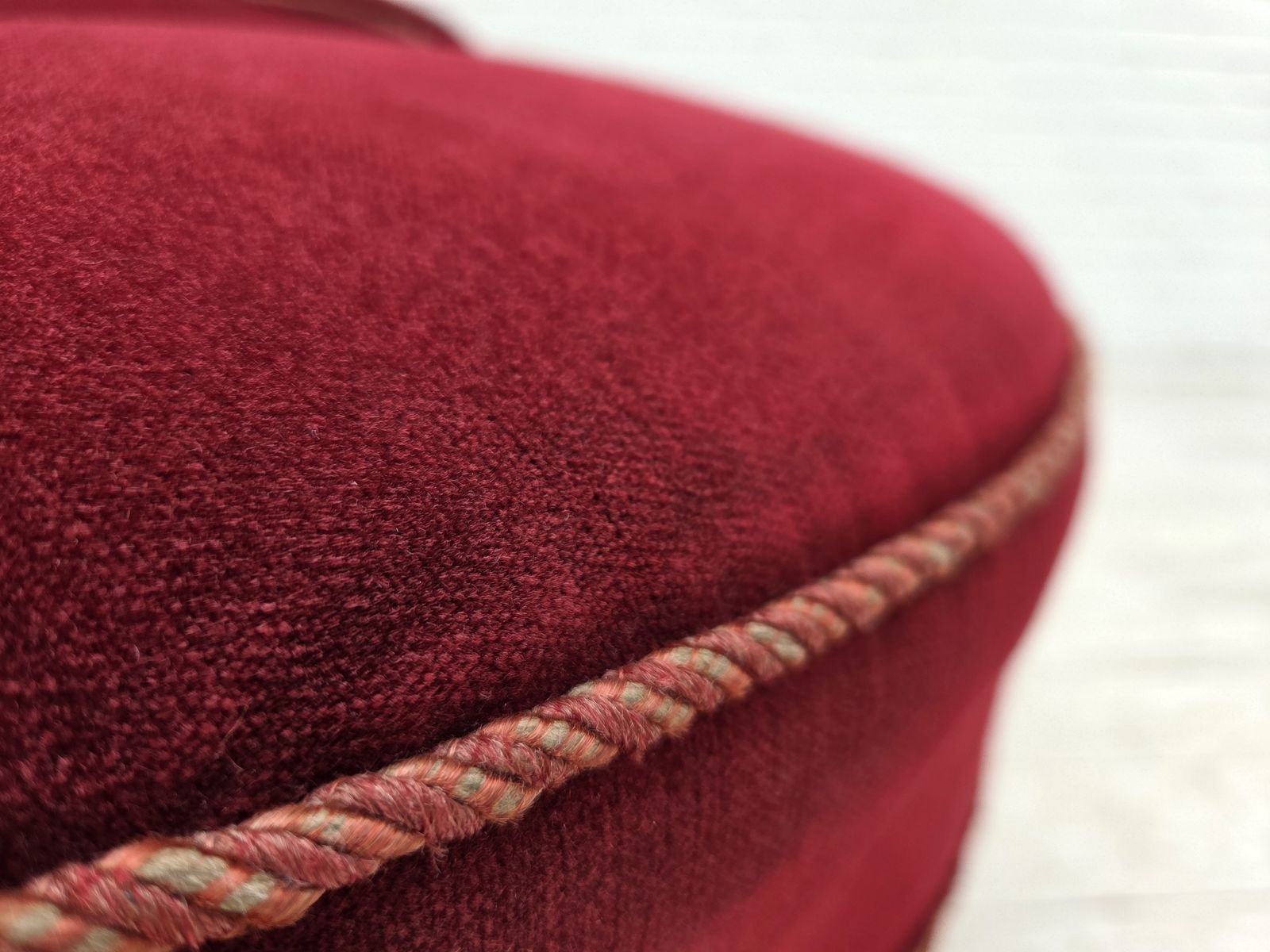 1950s, Danish Cocktail Lounge Chair, Cherry Red Furniture Velour. photo vinterior