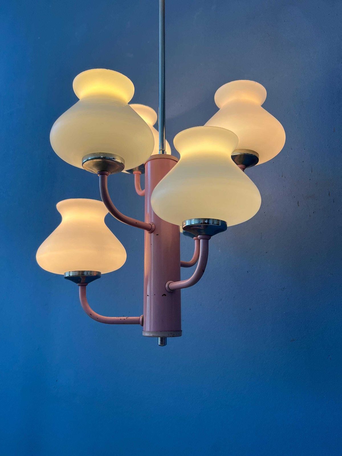 Mid Century White Opaline Glass Chandelier With Pink Frame photo 428.0