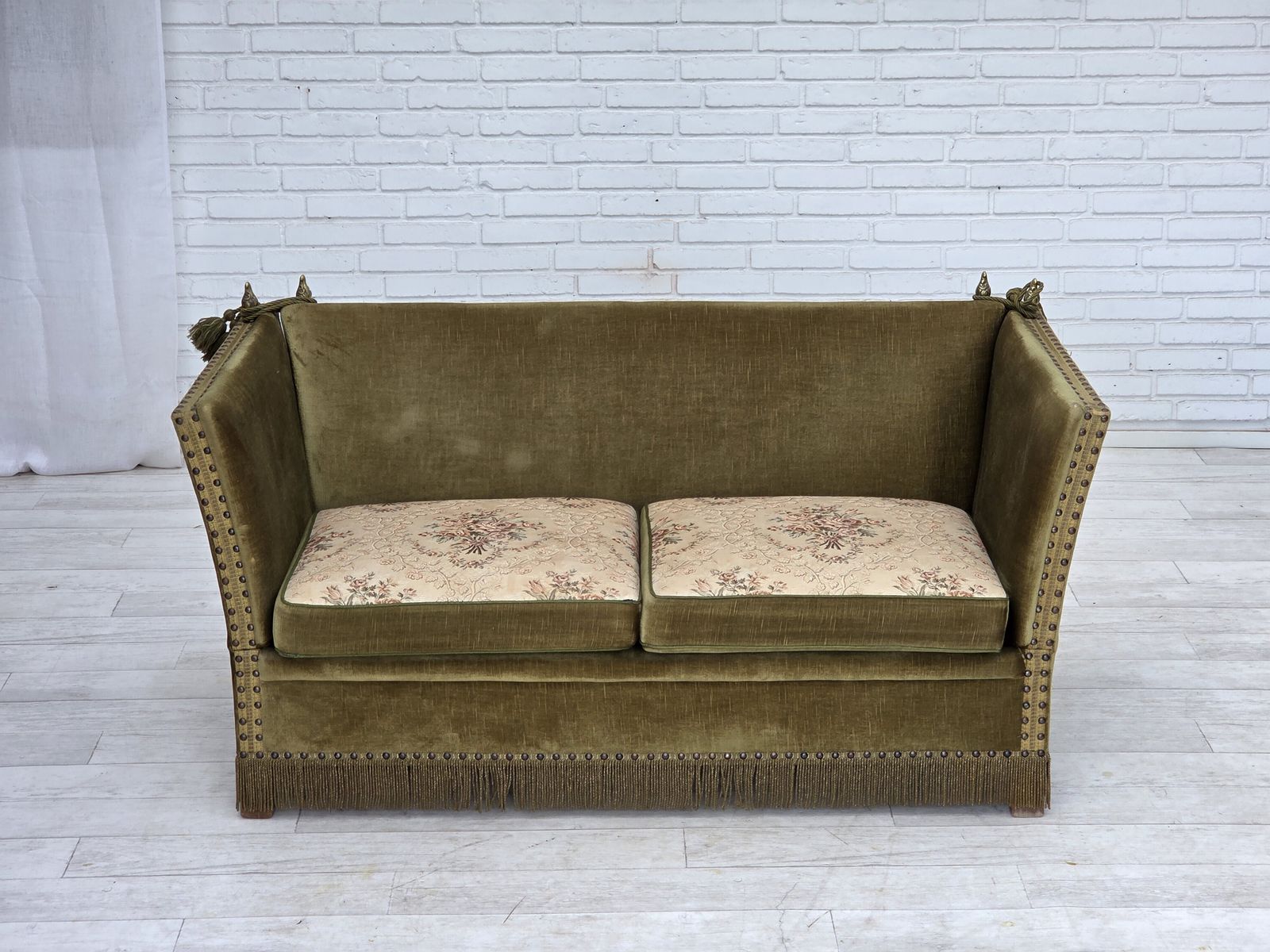 1970s, Danish 2 Seater "Spanish" Drop Arm Sofa, Furniture Velour. photo furniture