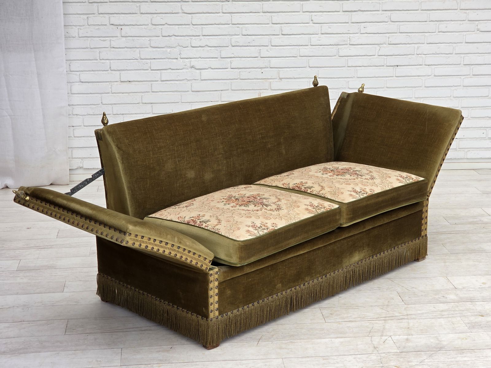 photo furniture 1970s, Danish 2 Seater "Spanish" Drop Arm Sofa, Furniture Velour.