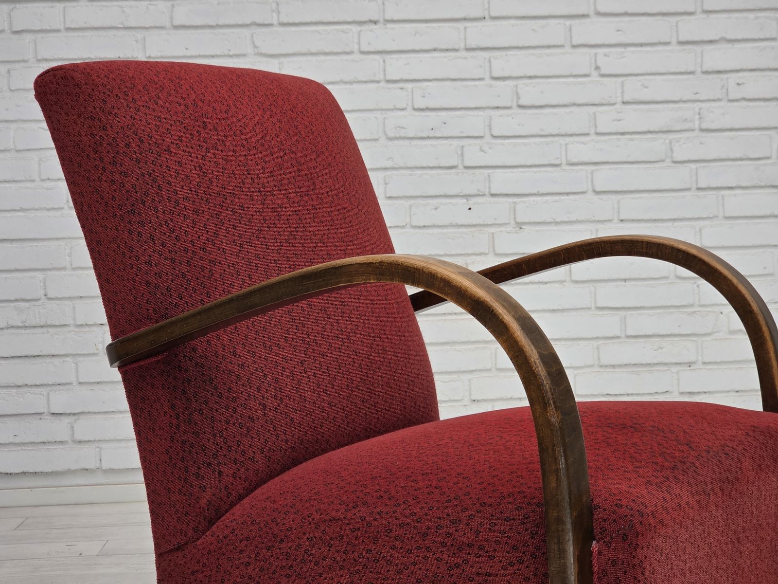 1950s, Danish Art Deco Armchair, Original Red Furniture Wool, Beech Wood. photo for sale
