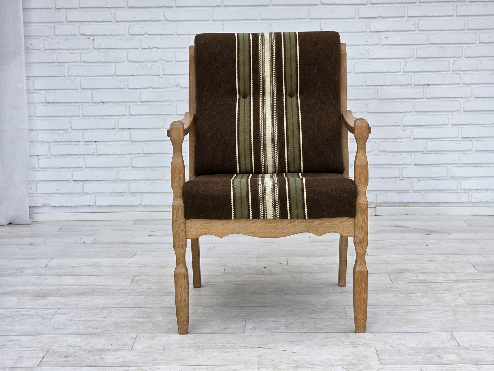 1970s, Danish Armchair, Original Striped Furniture Wool, Carved Oak Wood. photo buy