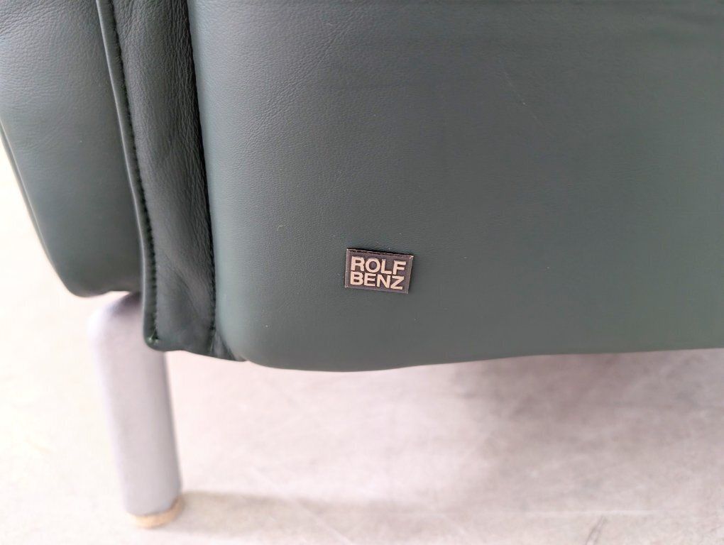 Furniture Original Rolf Benz Sofa, Leather Design Couch, Dark Green, Two Seater photo