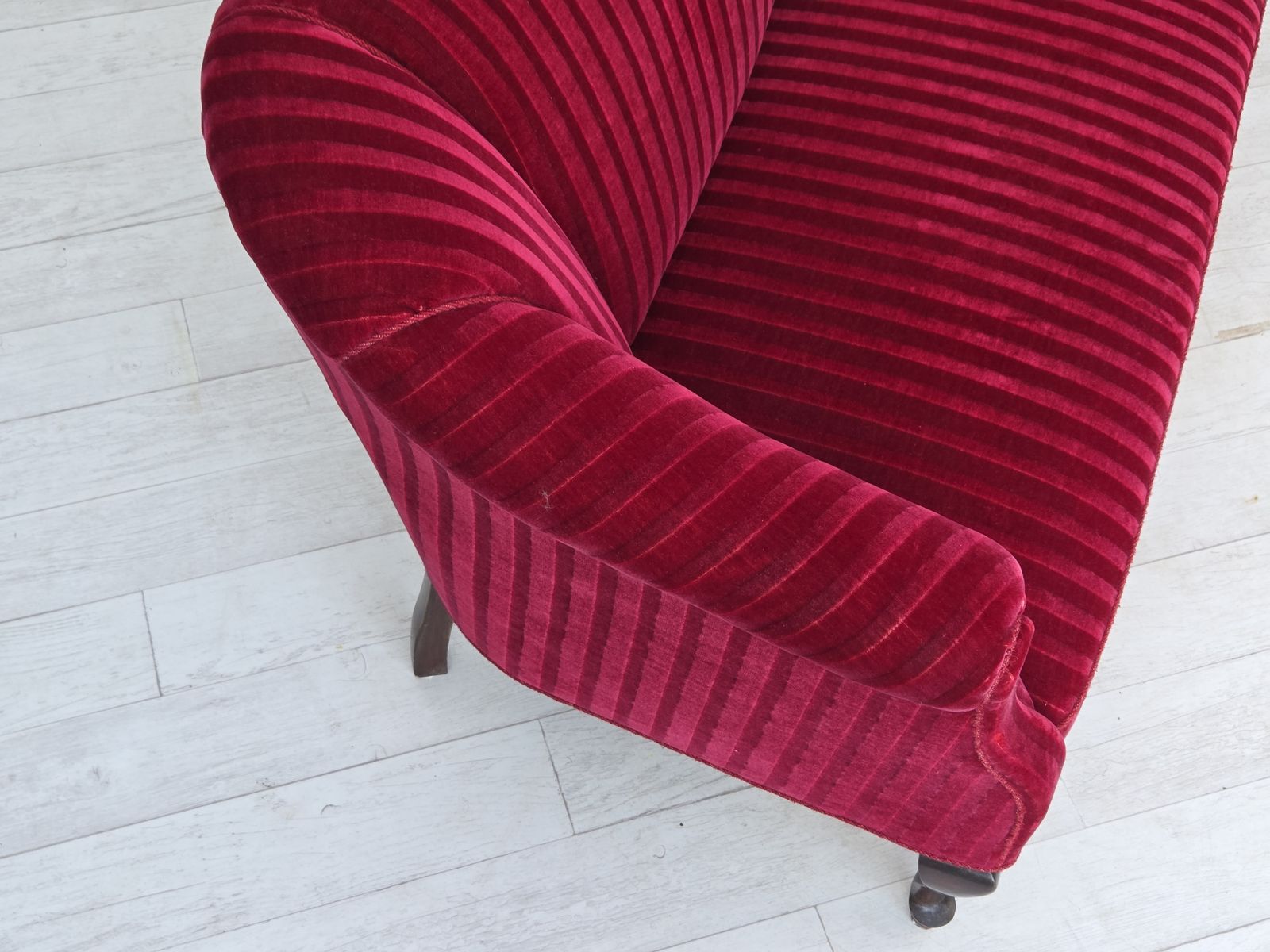 1950s, Danish 2 Seater Sofa, Red Furniture Velour, Ash Wood Legs. photo furniture