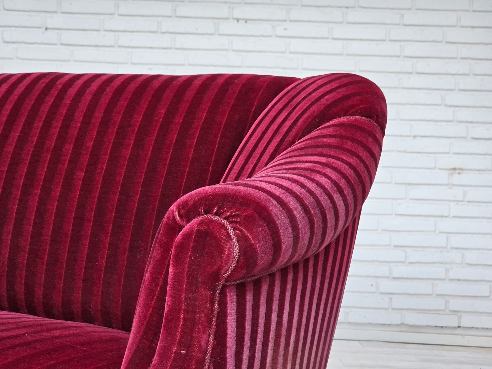 1950s, Danish 2 Seater Sofa, Red Furniture Velour, Ash Wood Legs. photo vintage