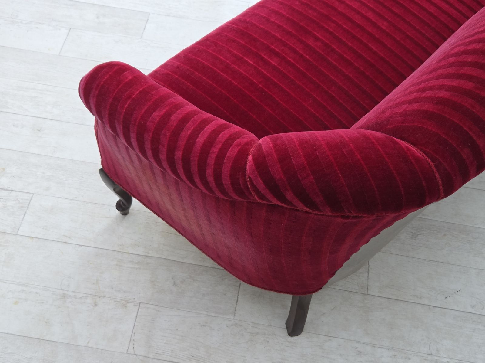 photo for sale 1950s, Danish 2 Seater Sofa, Red Furniture Velour, Ash Wood Legs.