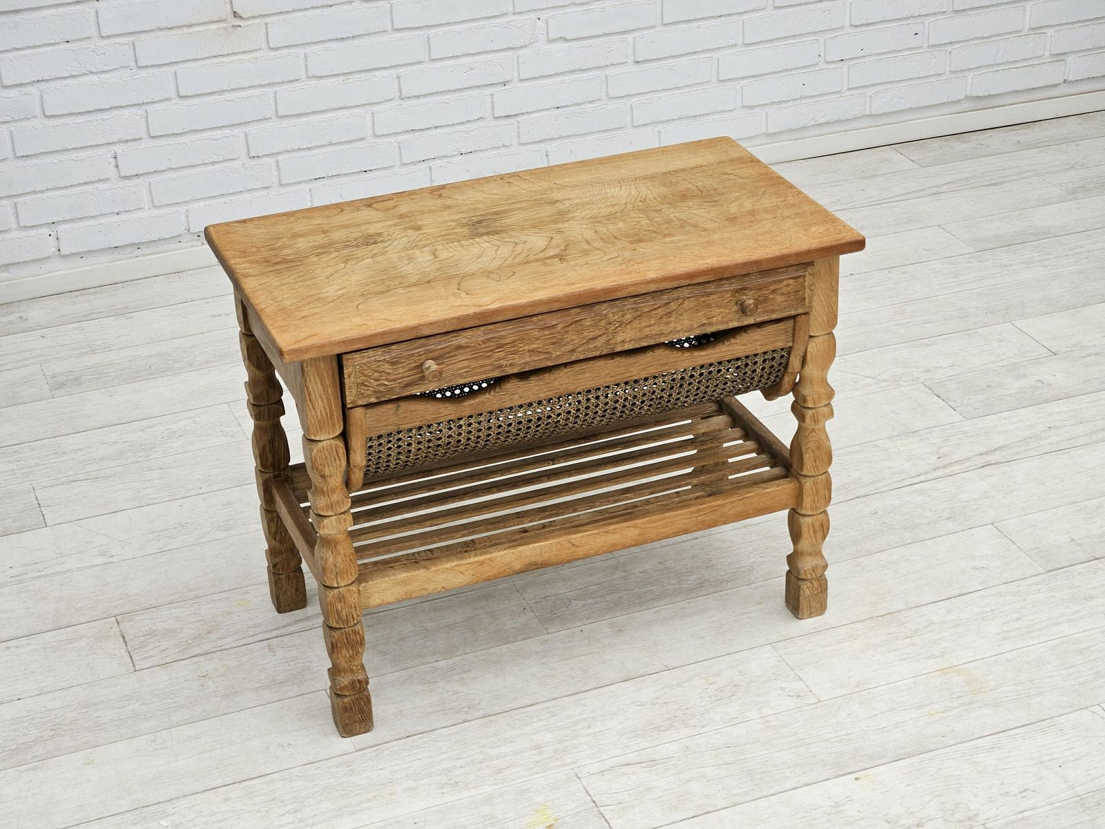 1970s, Scandinavian Sewing Table, Solid Oak Wood, Rattan. photo furniture