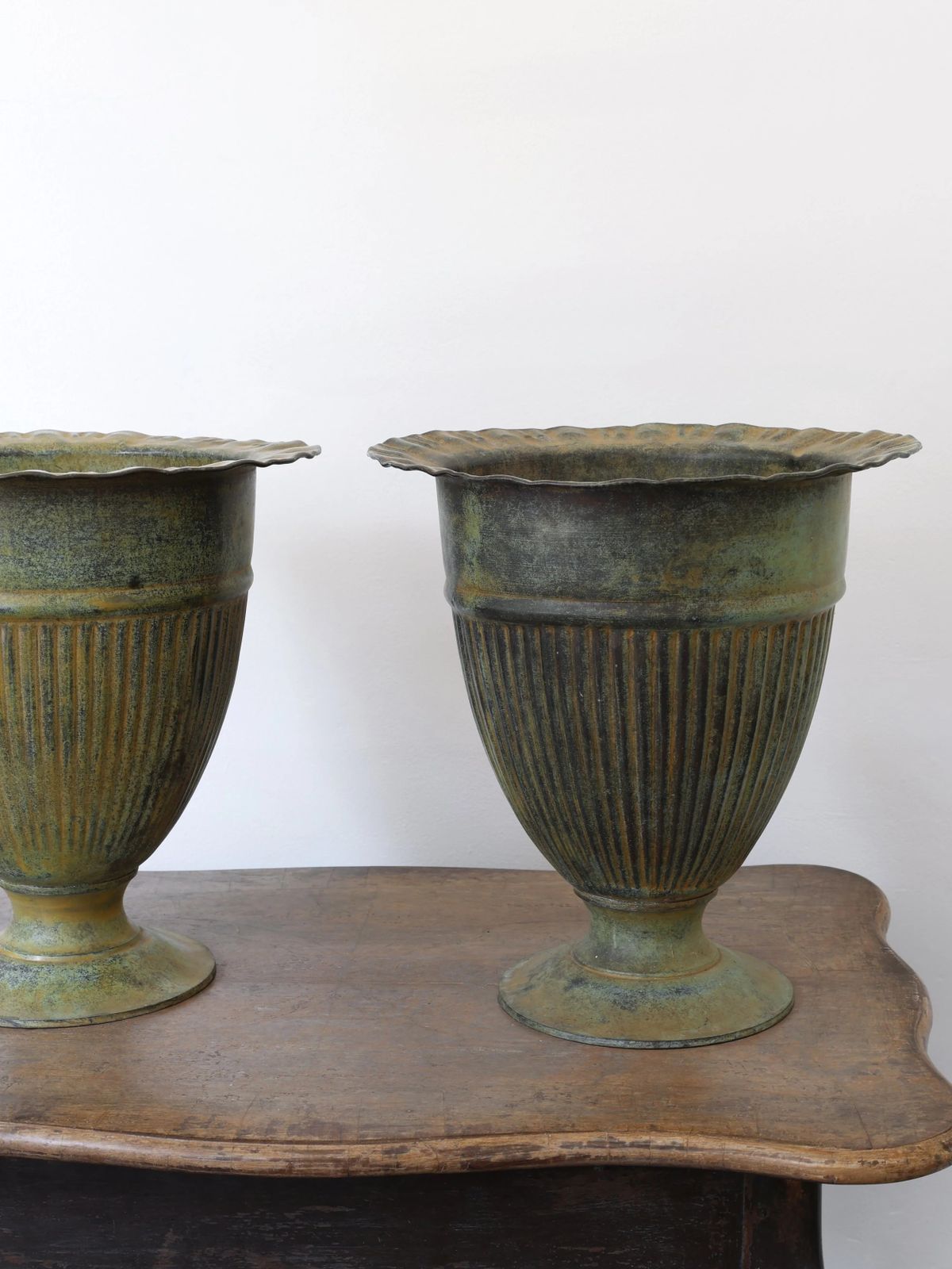 Pair Of Verdigris Brass Urn Planters / Vases photo for sale