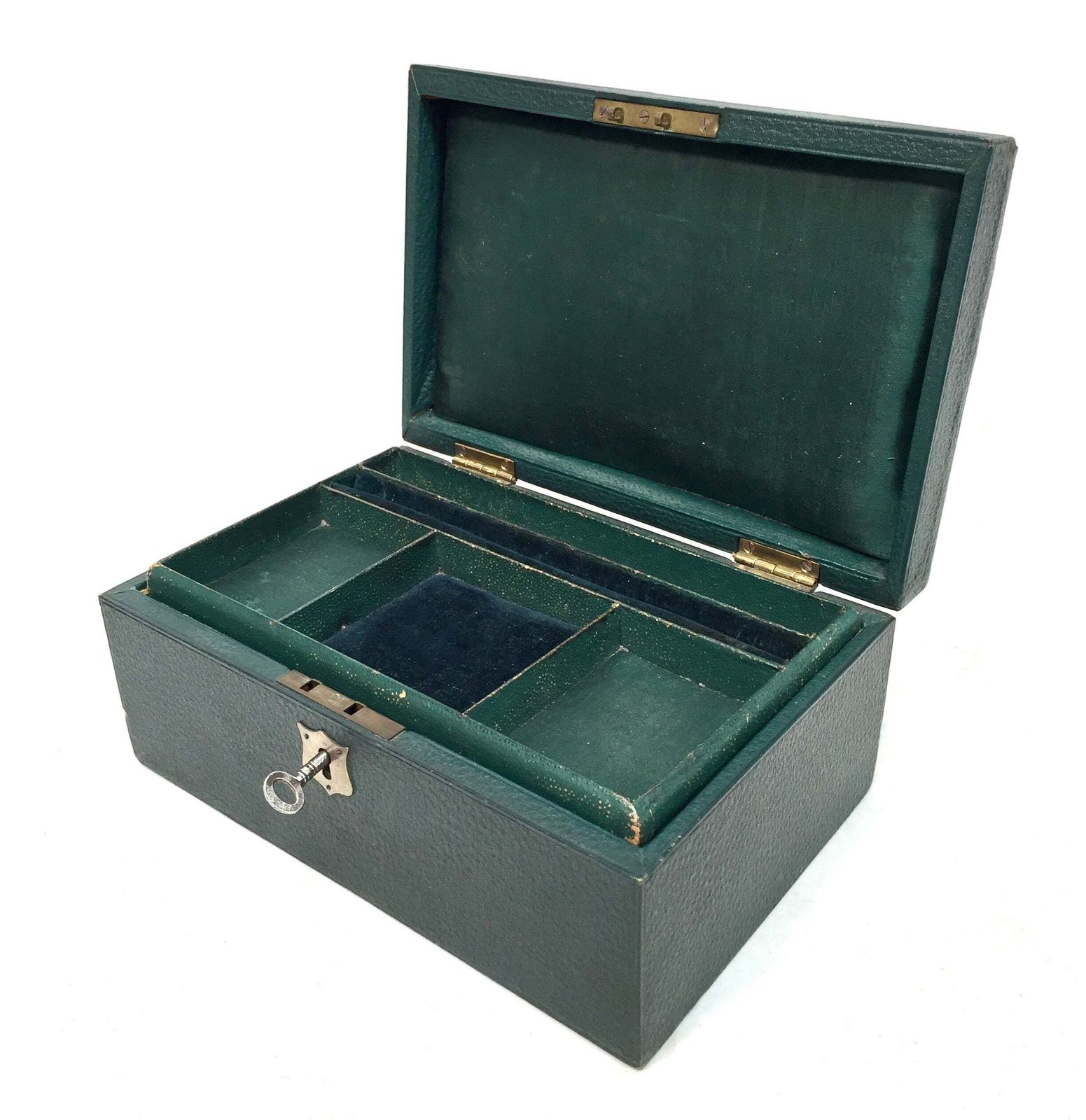 Antique Edwardian Leather Jewellery / Trinket Box With Key & Working Lock (C.1910) photo vinterior