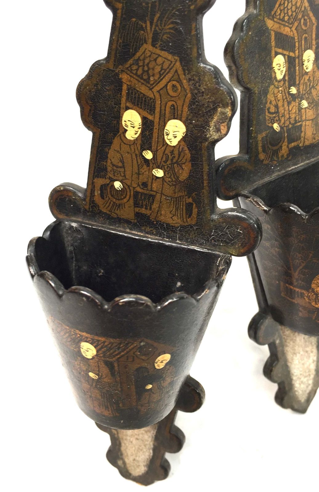 Antique Chinoiserie Paper Mache Lacquered Wall Match Stick Holder Striker 1800s photo 85.0
