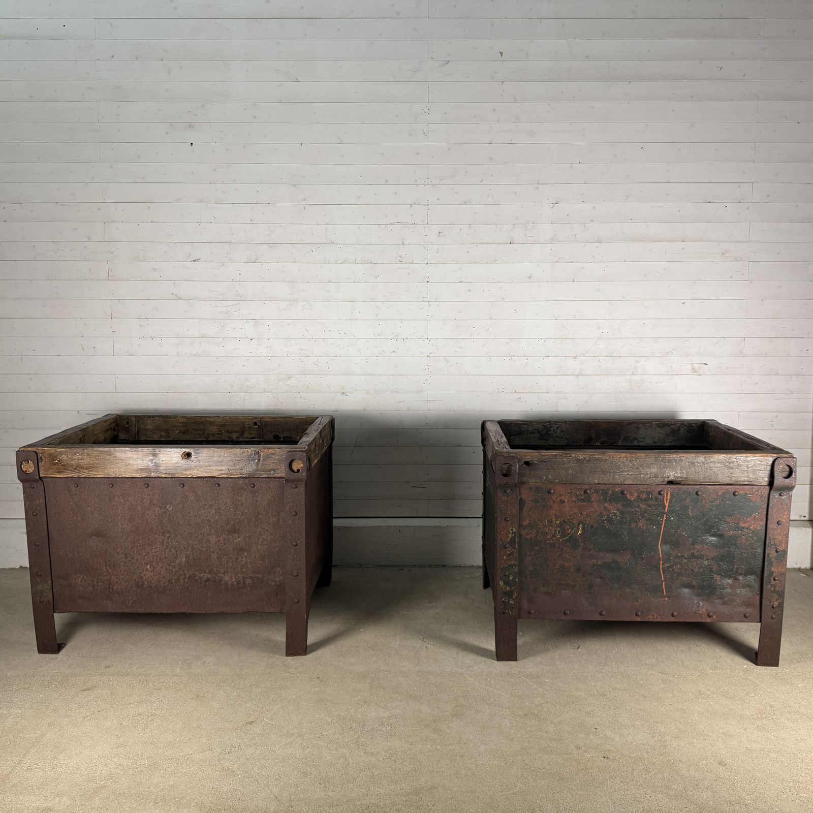 Pair Of Antique Industrial Steel Planters With Reclaimed Wood Tops photo furniture