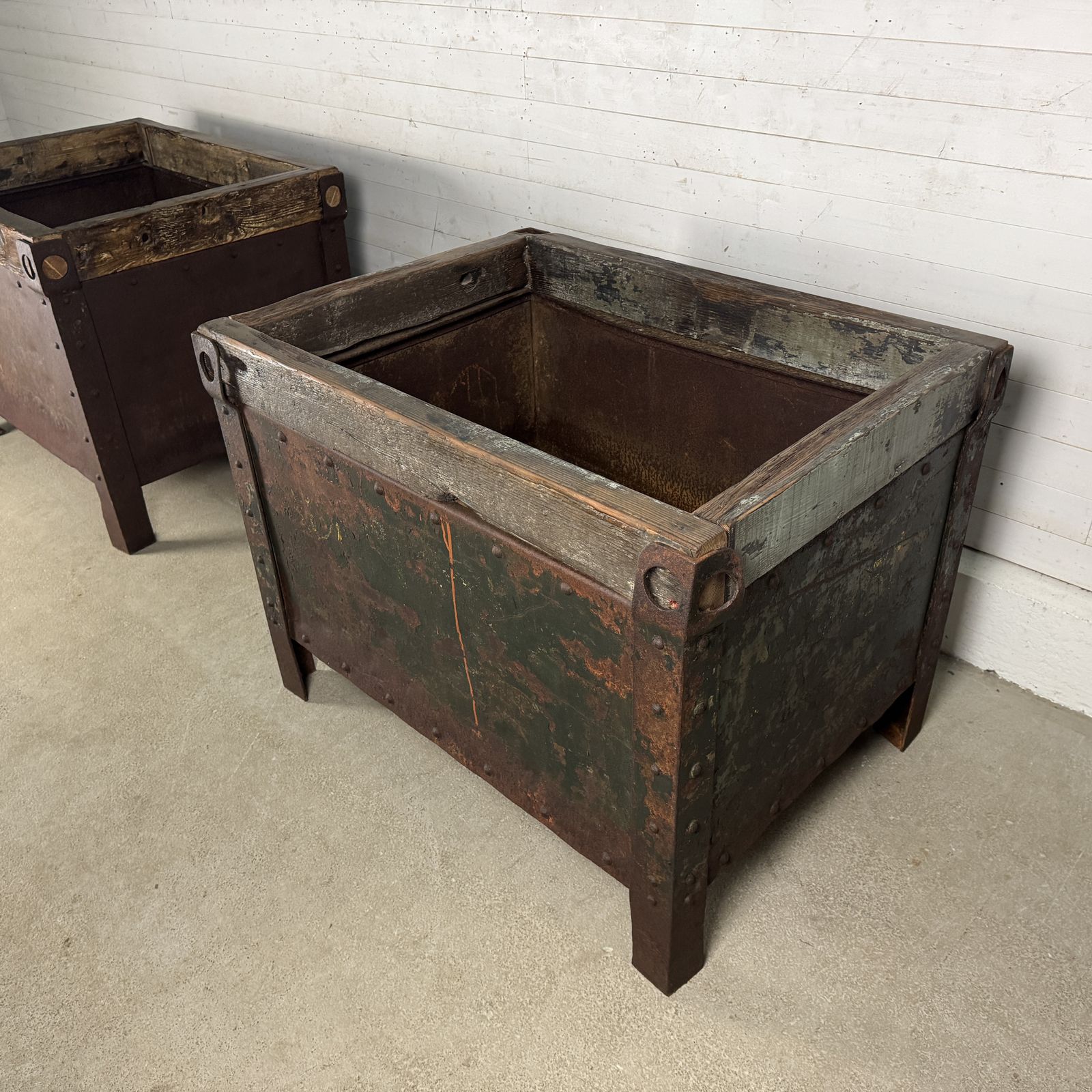Pair Of Antique Industrial Steel Planters With Reclaimed Wood Tops photo for sale