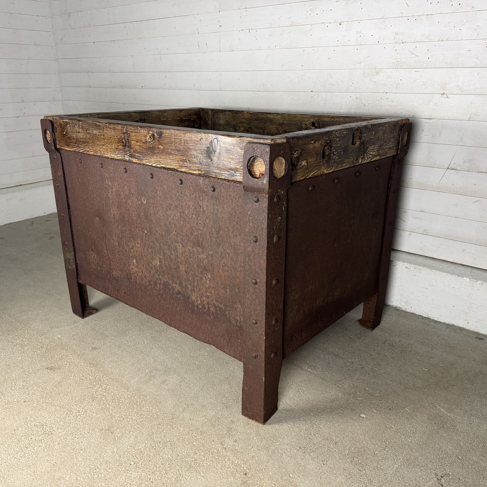Pair Of Antique Industrial Steel Planters With Reclaimed Wood Tops photo vinterior