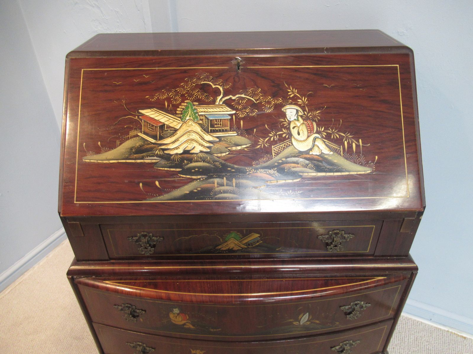 Walnut Writing  Bureau   With Chinoiserie   Decoration photo for sale