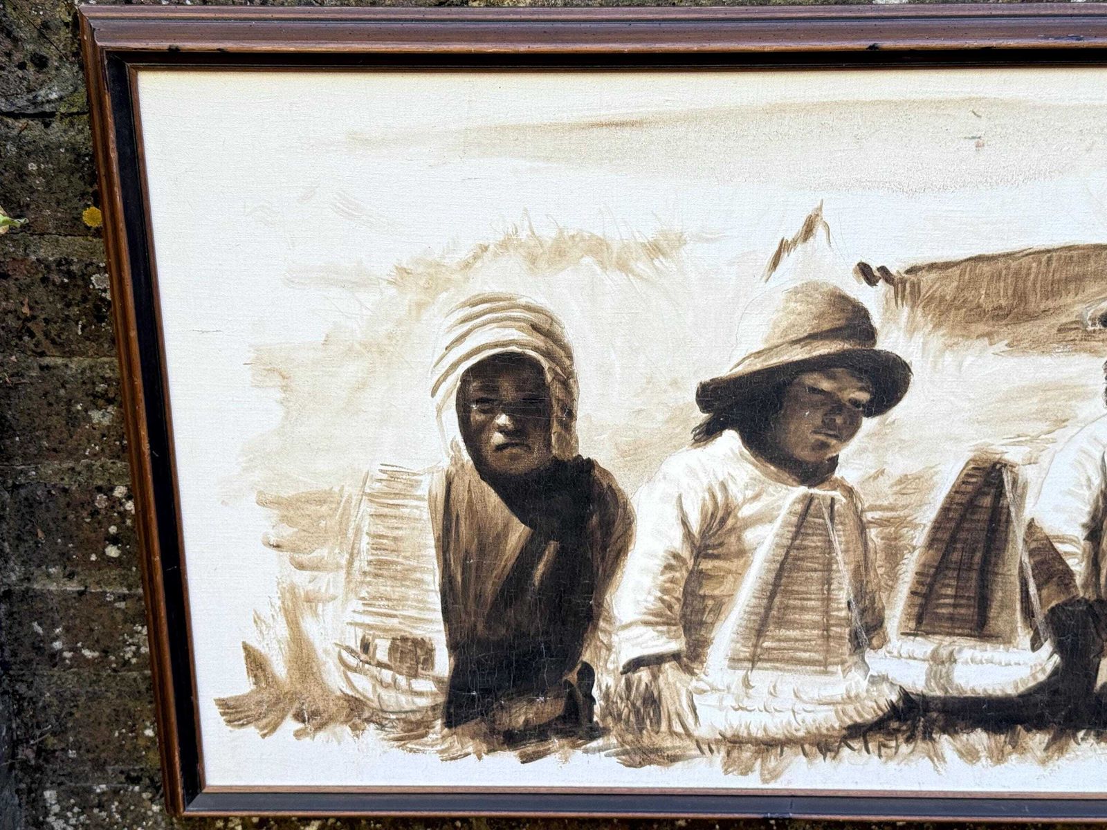 Large Vintage Signed Oil Painting Of Andean Children, South American Folk Art photo vintage