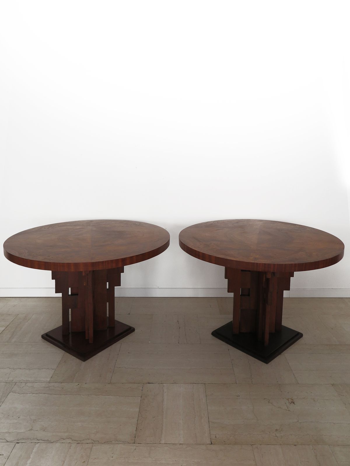 Couple Of  Burl Wood Tables Or Gueridon Art Decò With Sculptural Legs, Italy 1930s