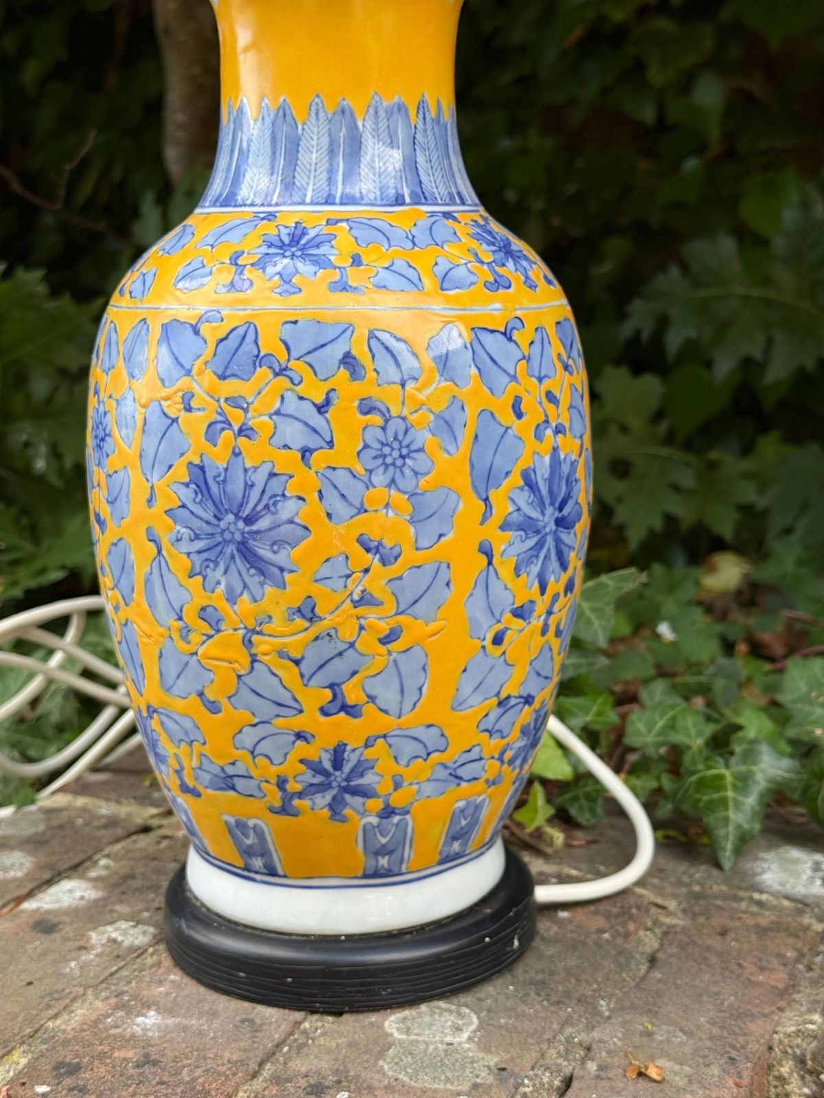 Large Vintage Chinoiserie Ceramic Table Lamp Blue And Yellow Floral Vase   Working And Tested, 48cm Tall photo buy