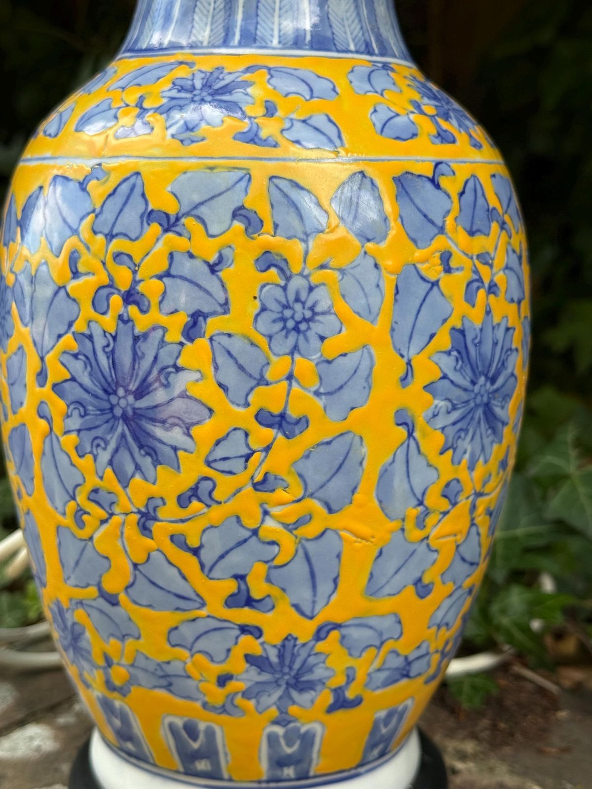 125.0 Large Vintage Chinoiserie Ceramic Table Lamp Blue And Yellow Floral Vase   Working And Tested, 48cm Tall photo