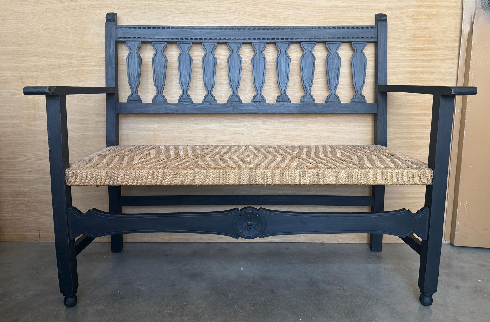 Spanish Wooden Bench With Arms And Handwoven Seat photo furniture