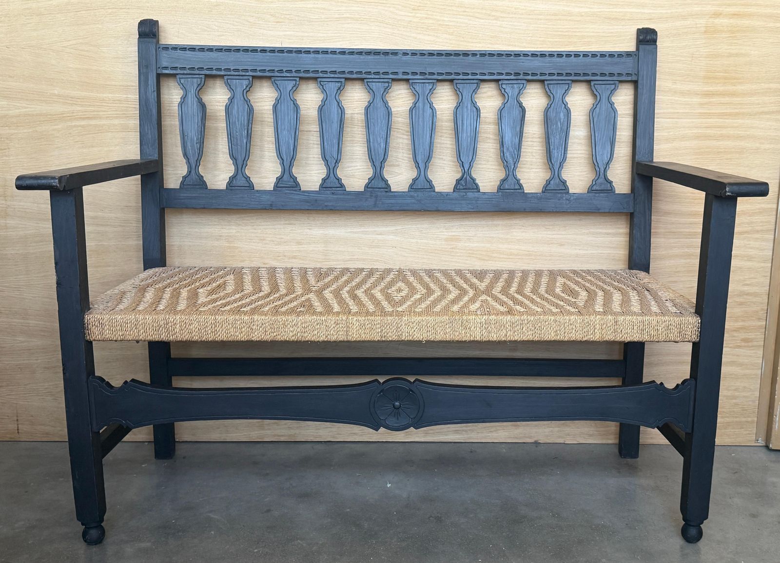 Spanish Wooden Bench With Arms And Handwoven Seat photo vinterior