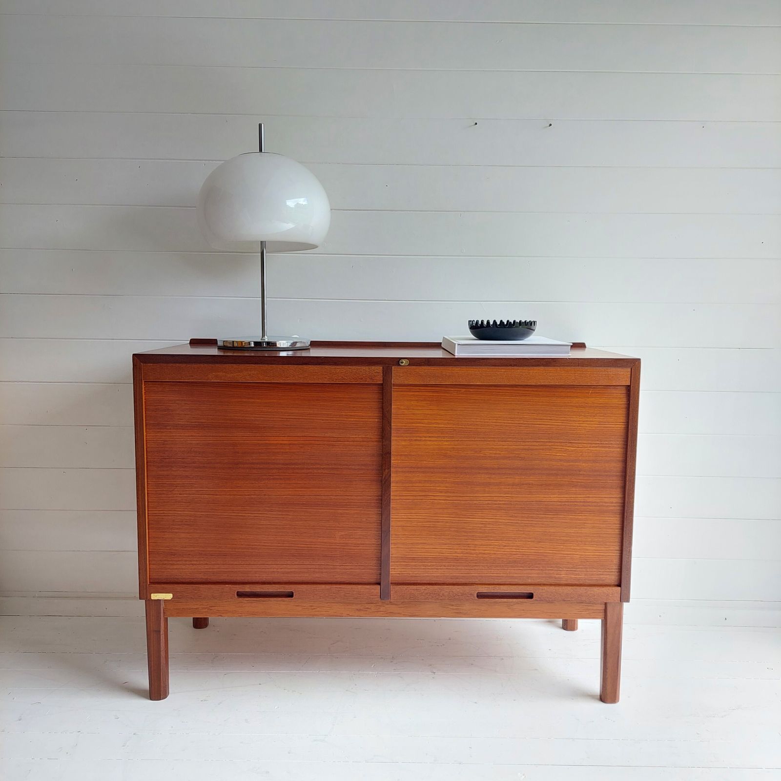 Mid Century Teak Sideboard Tambour Shutter 2 Door Cabinet, Denmark 60s 70s