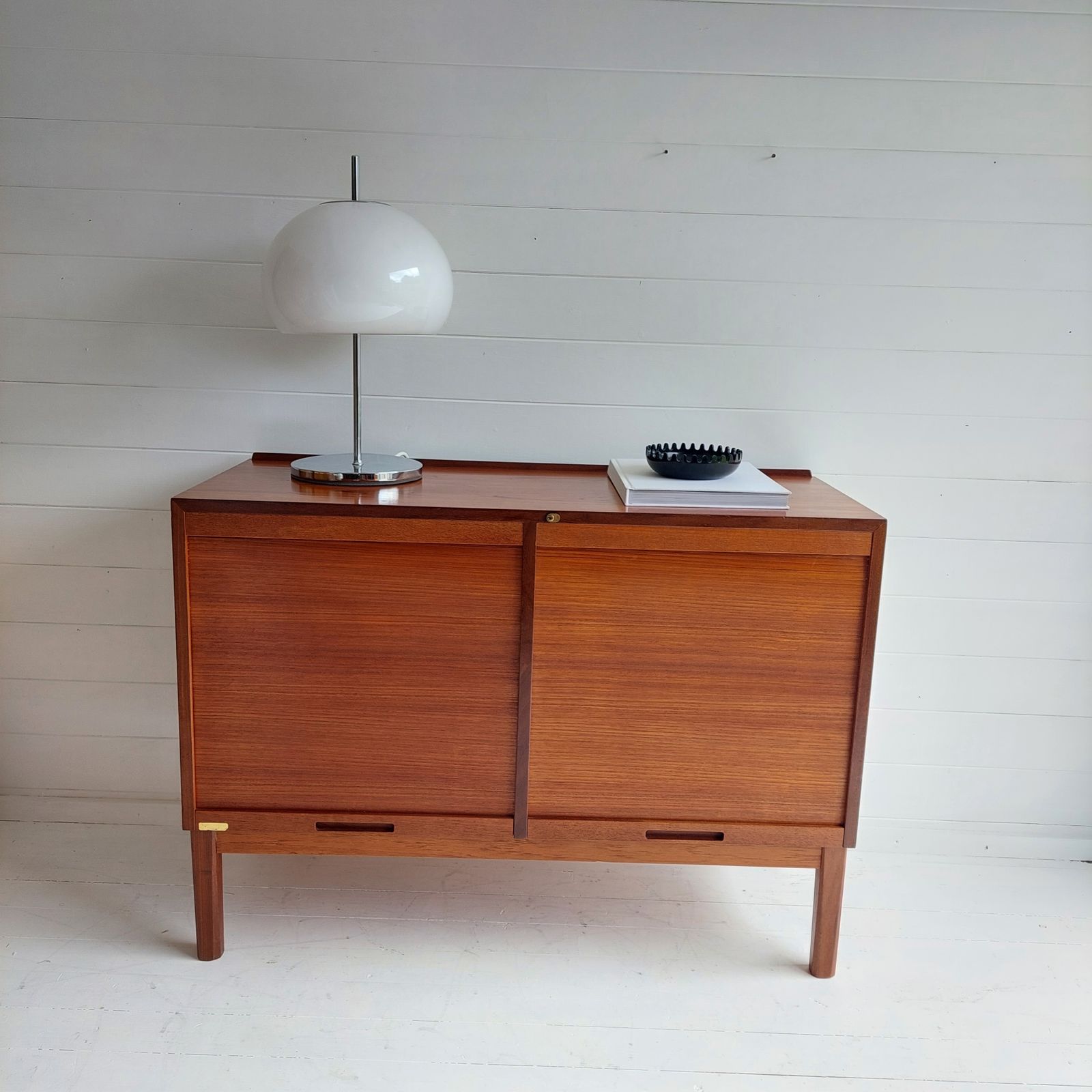 Mid Century Teak Sideboard Tambour Shutter 2 Door Cabinet, Denmark 60s 70s photo for sale