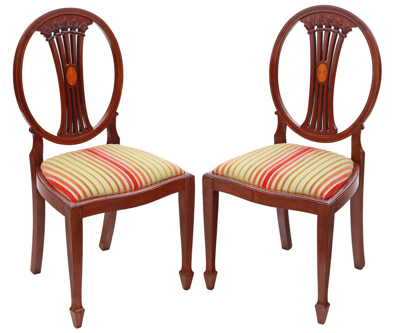 Antique Quality Pair Of Georgian Revival Inlaid Mahogany Dining Side Hall Bedroom Chairs C1910