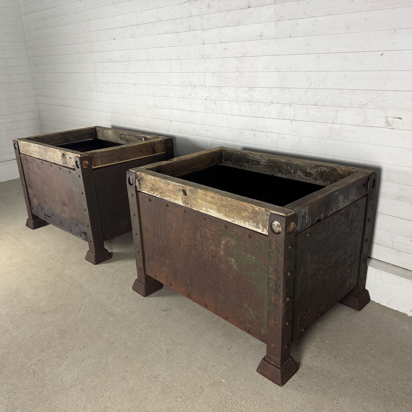 Pair Of Antique Industrial Steel Planters With Reclaimed Wood Tops photo furniture