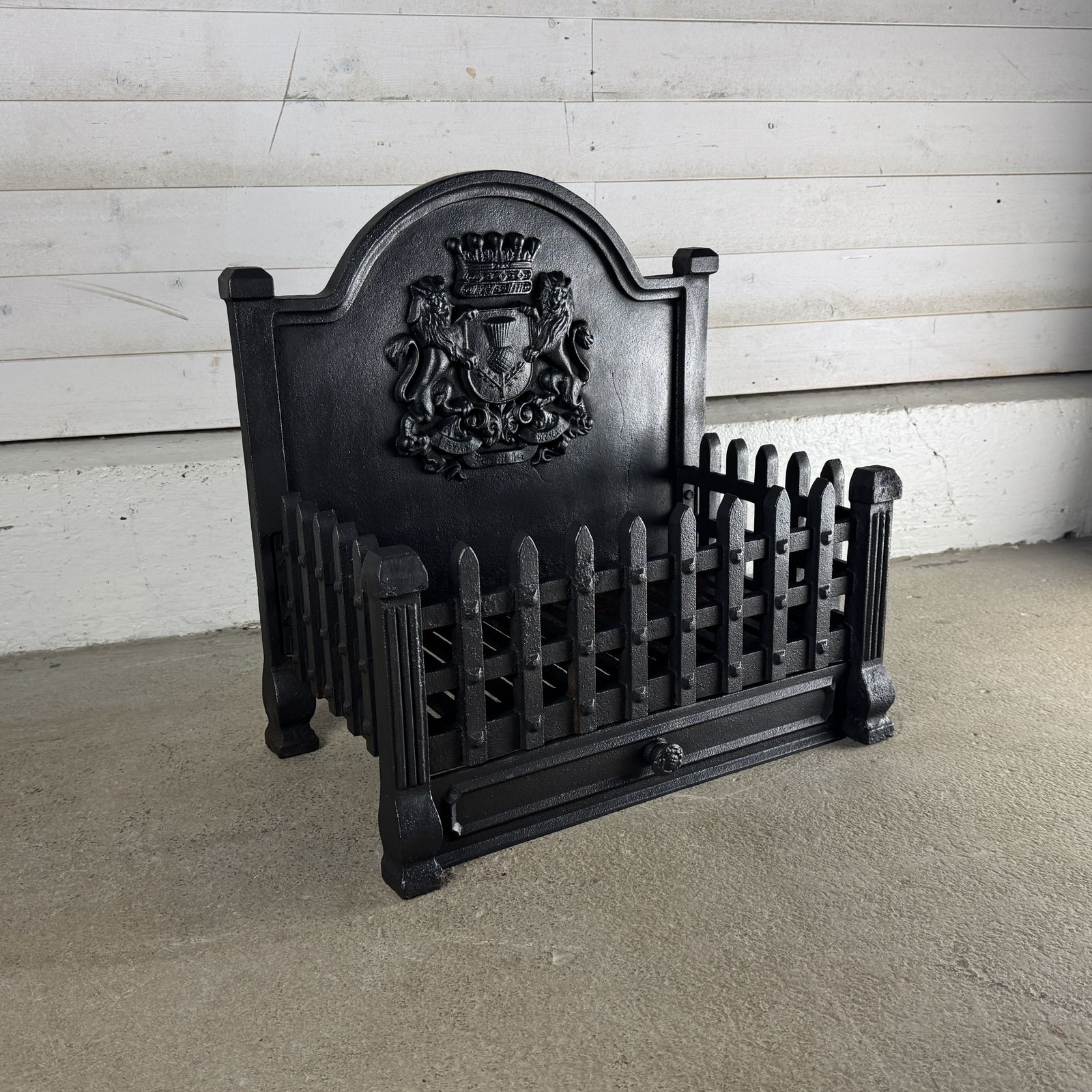 Reclaimed Cast Iron Fire Basket With Back And Ash Pan Cover photo furniture