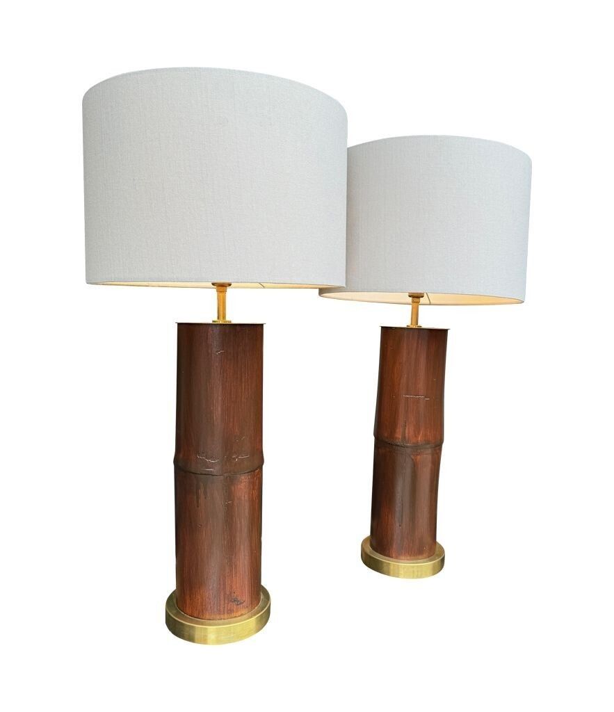 A Pair Of Ivory Lacquered Real Bamboo And Brass Lamps With Bespoke Linen Shades photo for sale