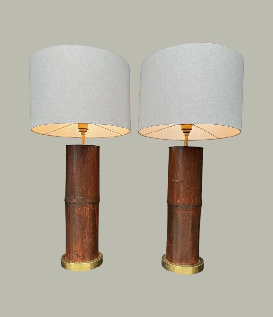 A Pair Of Ivory Lacquered Real Bamboo And Brass Lamps With Bespoke Linen Shades photo Lighting