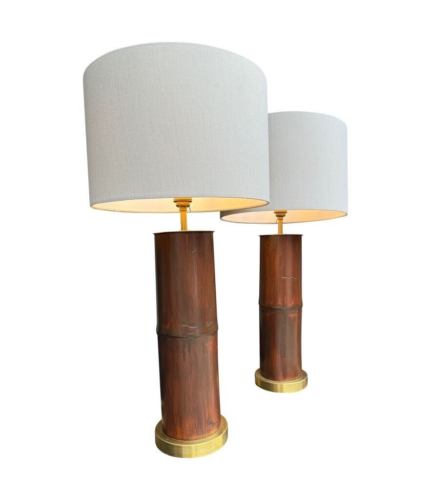 photo for sale A Pair Of Ivory Lacquered Real Bamboo And Brass Lamps With Bespoke Linen Shades
