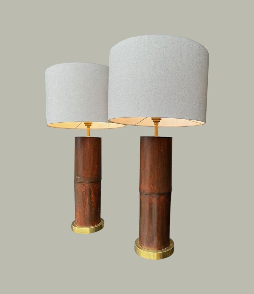 Lighting A Pair Of Ivory Lacquered Real Bamboo And Brass Lamps With Bespoke Linen Shades photo