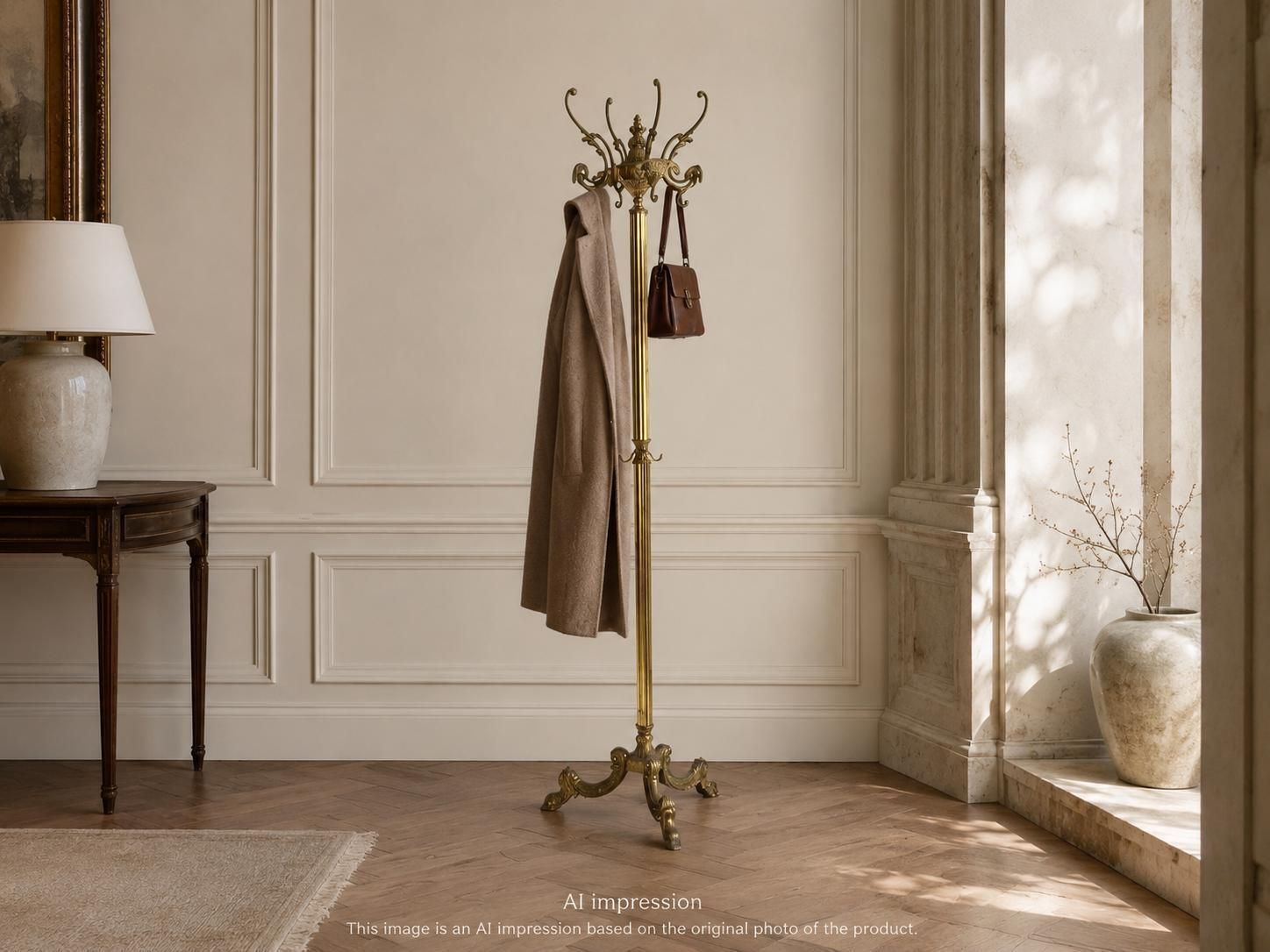 photo furniture Vintage Brass Coat Rack With Rotating Crown And Decorative Three Leg Base