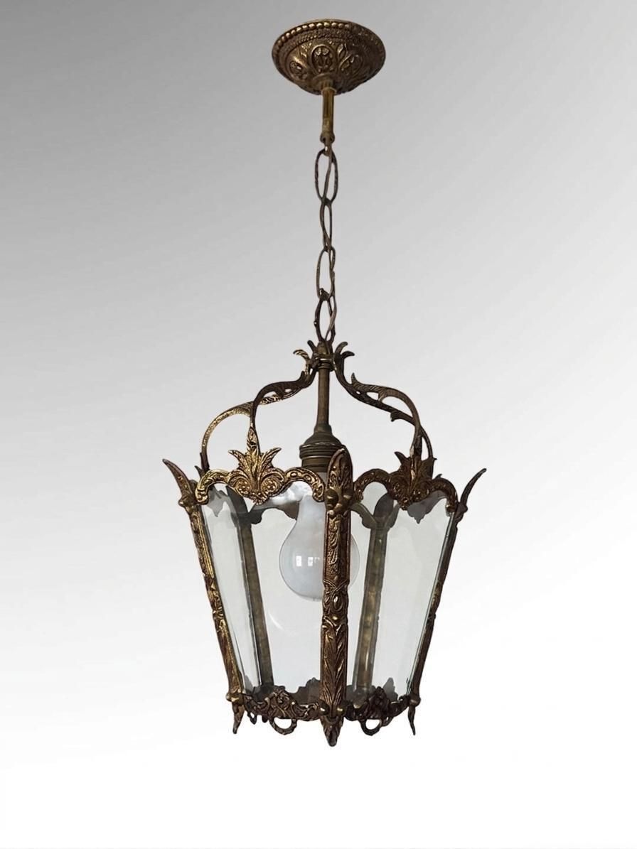 Antique Brass Hanging Lanterns Pair Ceiling Lights photo for sale