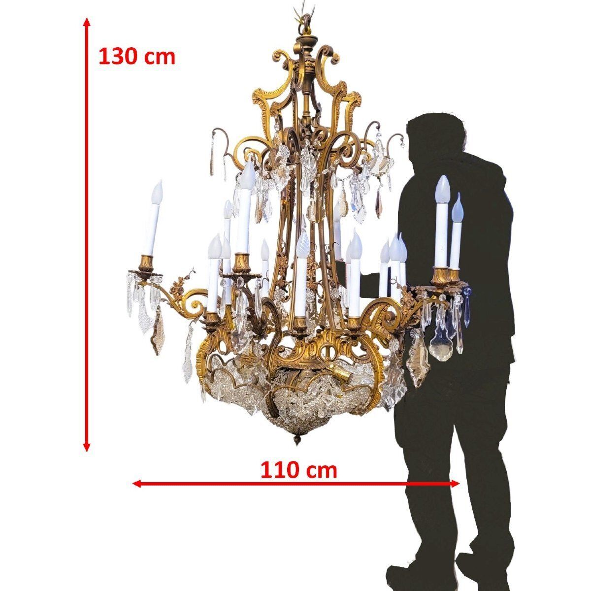 Large Chandelier H130cm, Bronze And Crystal, Early 20th Century