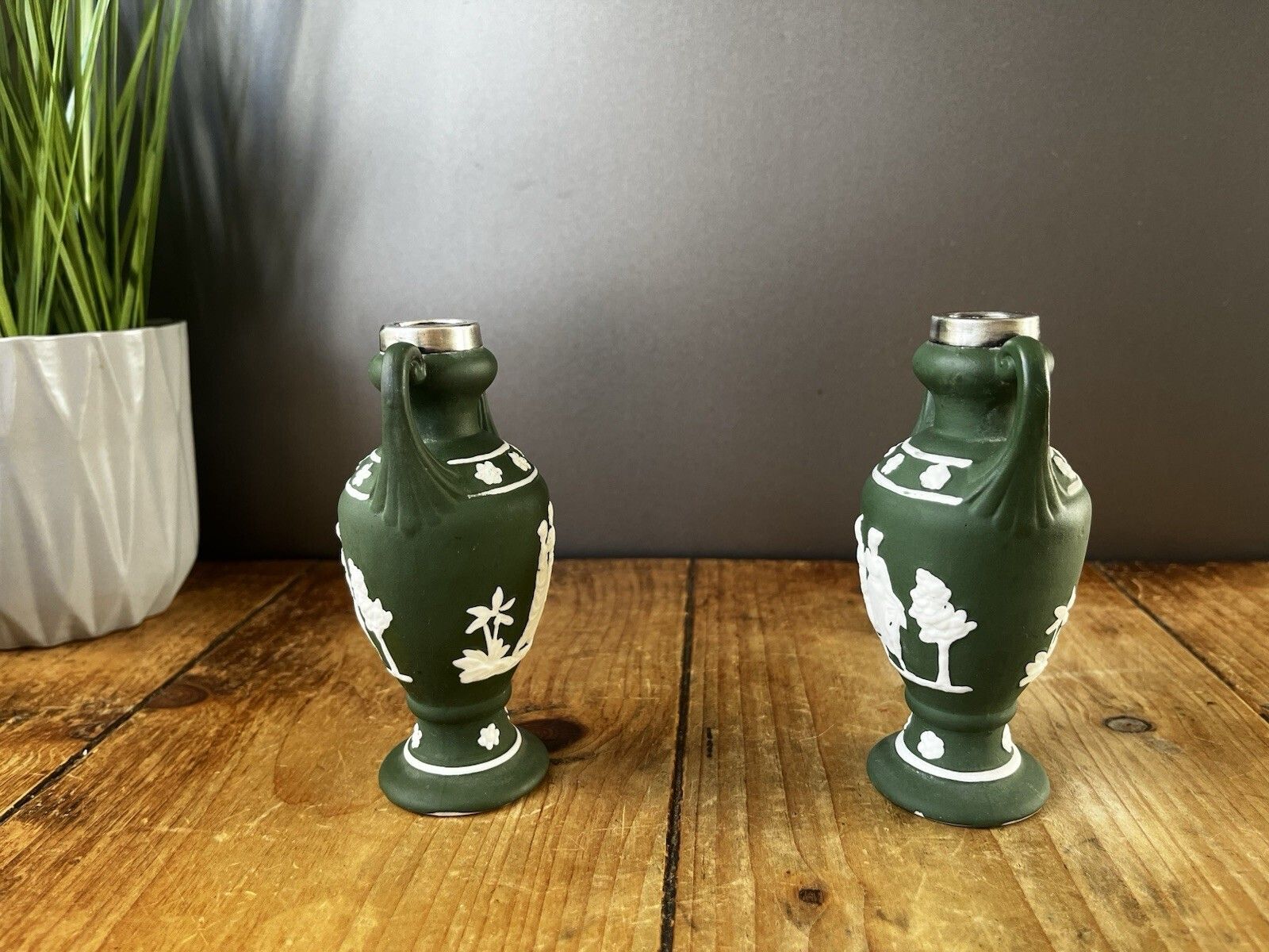 Pair Of Antique Schafer & Vater Sterling Silver Collar Jasperware Bud Vases Urns photo for sale
