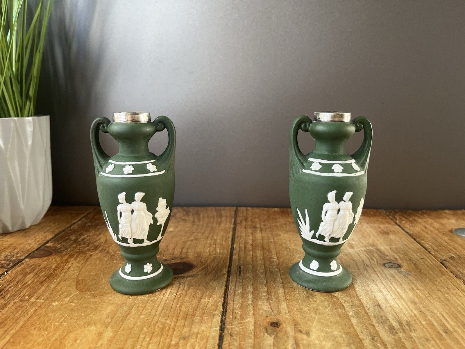 Pair Of Antique Schafer & Vater Sterling Silver Collar Jasperware Bud Vases Urns photo Home Decor