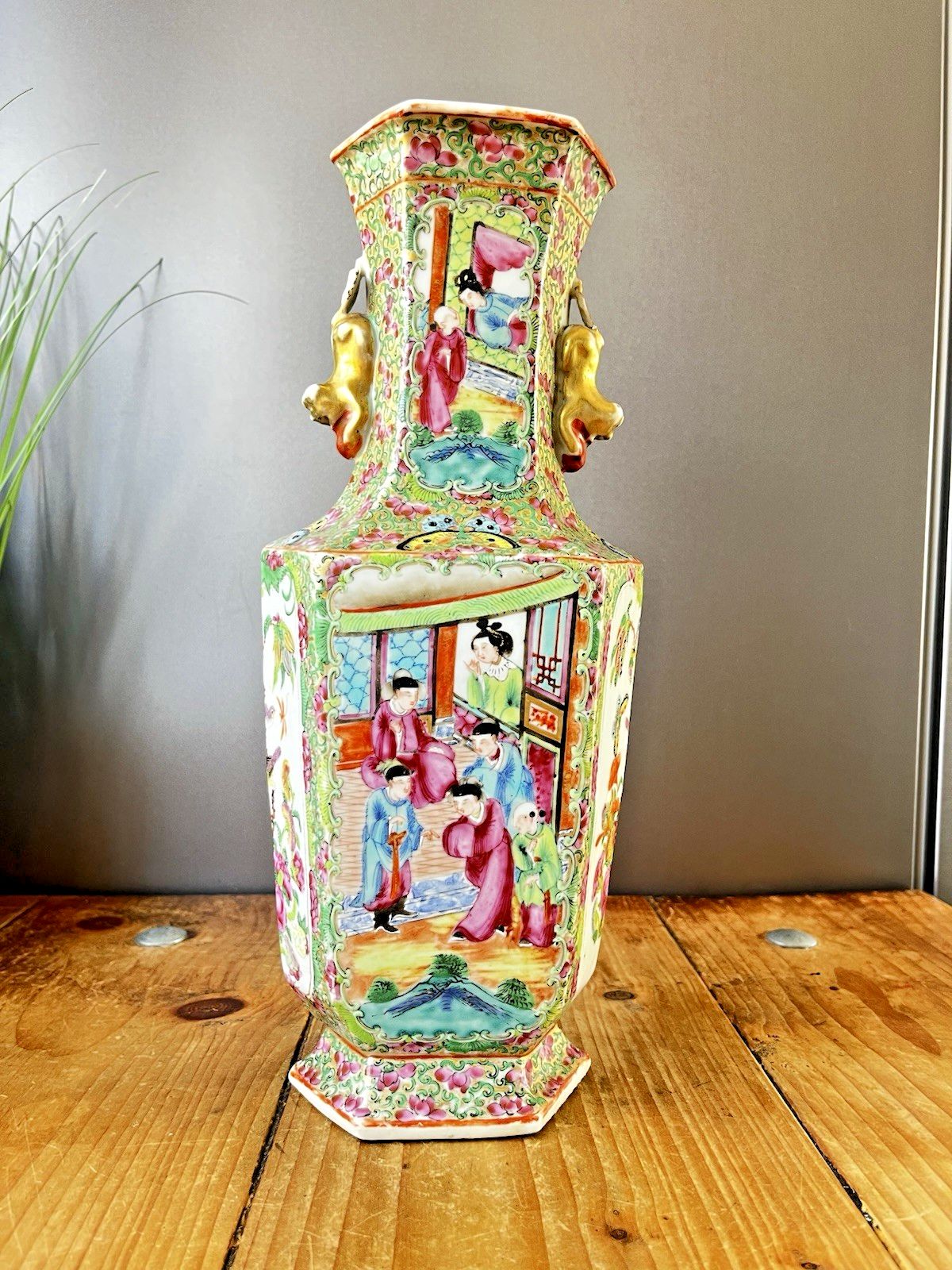 Antique Chinese Famille Rose Hexagonal Vase Figural Bird Butterfly Court Scenes photo vintage