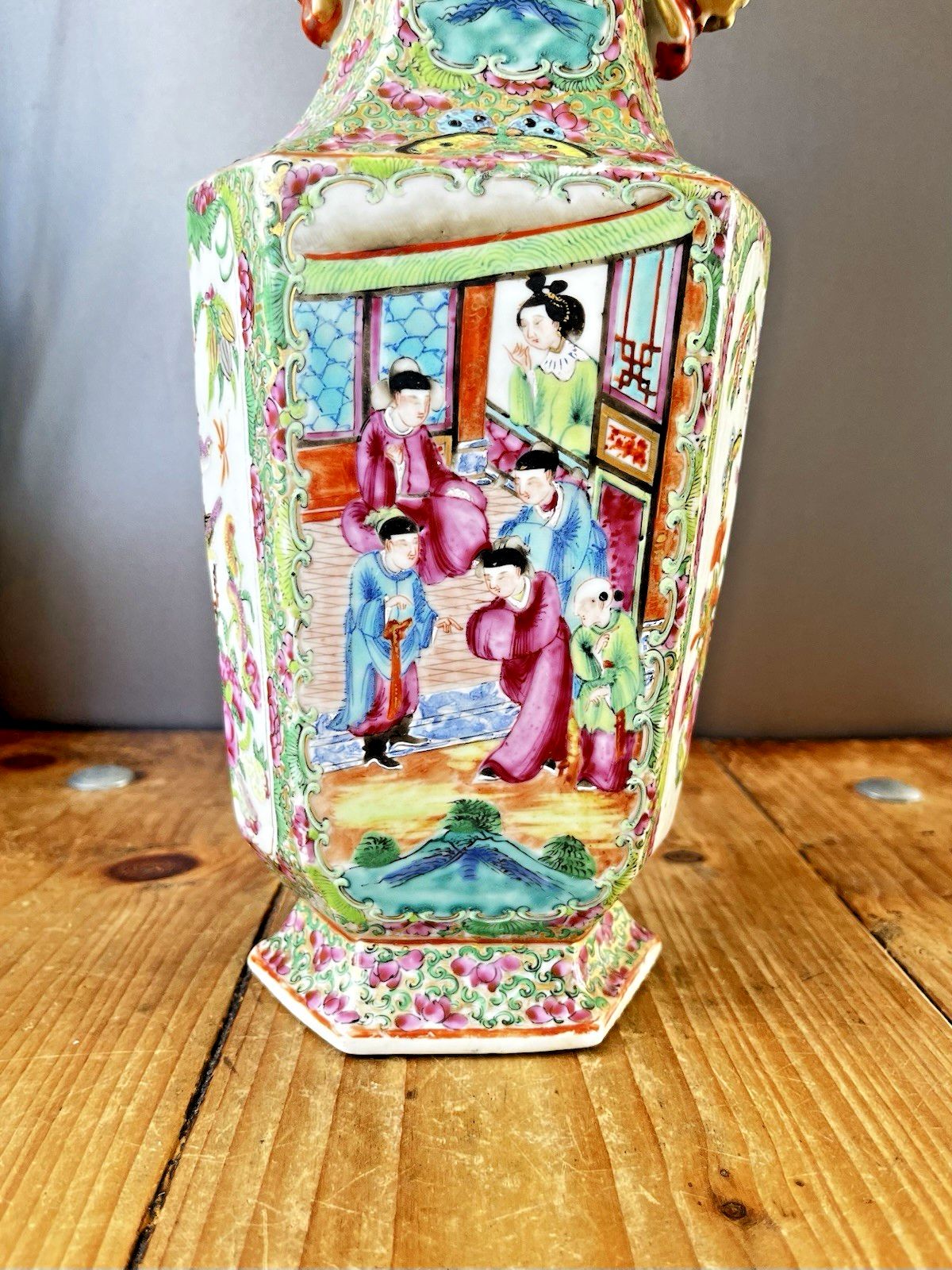 photo furniture Antique Chinese Famille Rose Hexagonal Vase Figural Bird Butterfly Court Scenes