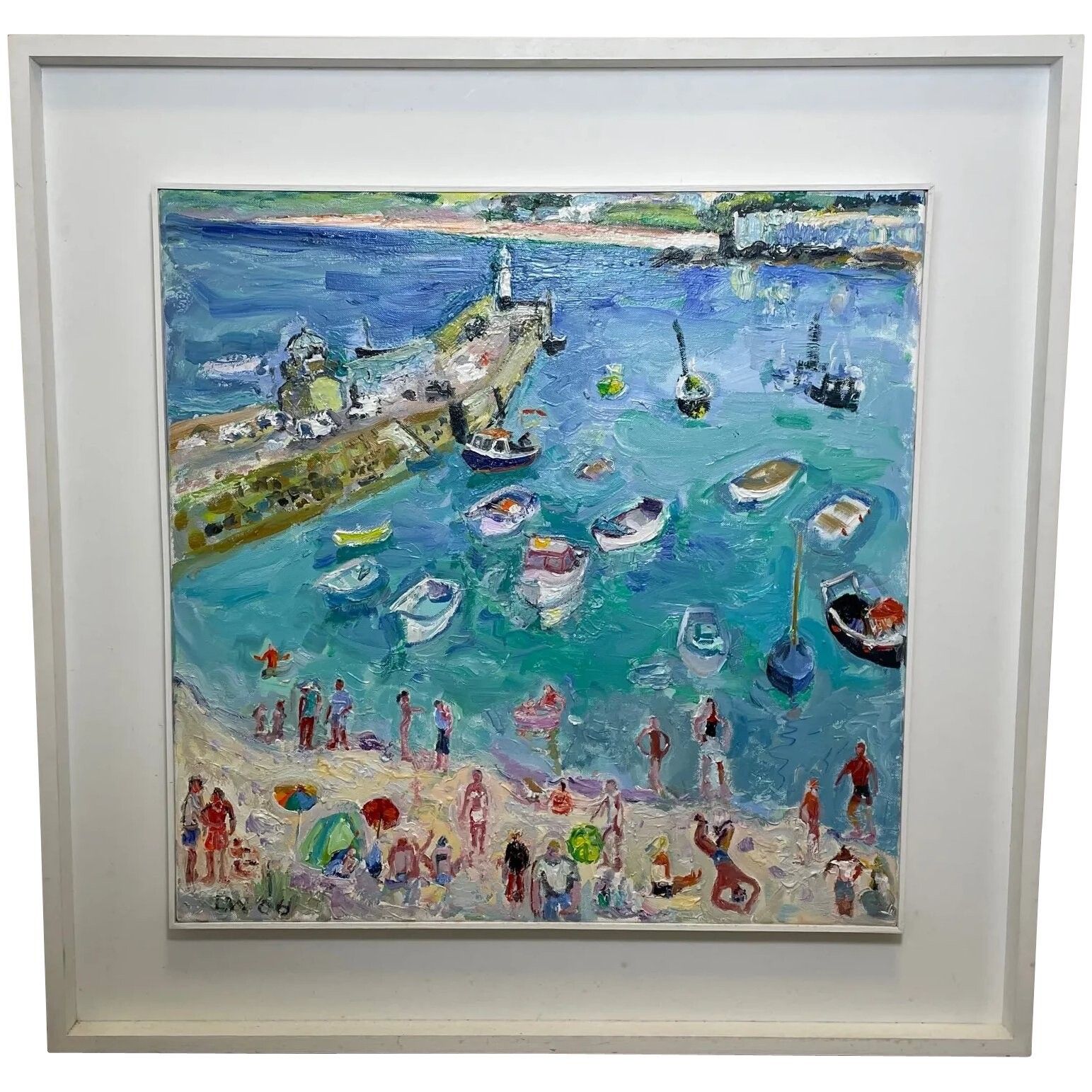 Expressionistisch olieschilderij St Ives Smeaton's Pier Beach Shore Cornwall, gesigneerd door Linda Weir