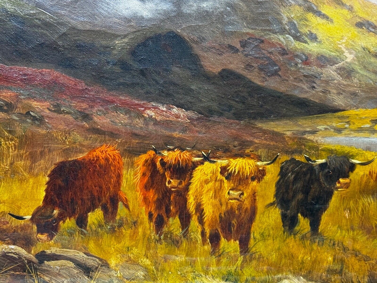 19th Century Oil Painting Longhorn Cattle West Scottish Highlands Signed By Gustave De Brianski photo for sale